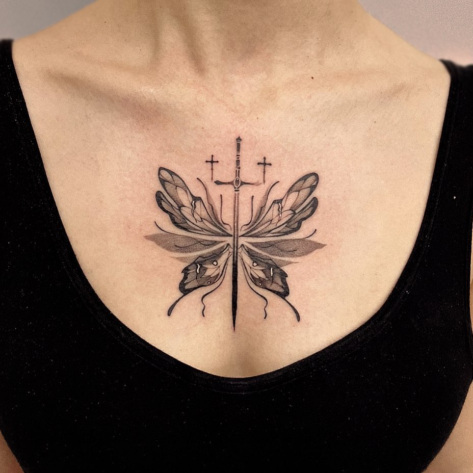 Symmetrical Butterfly Chest Tattoo