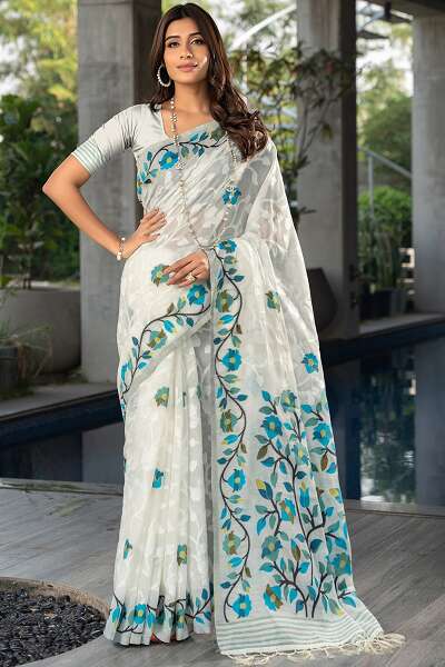 White And Blue Jamdani Cotton Sari