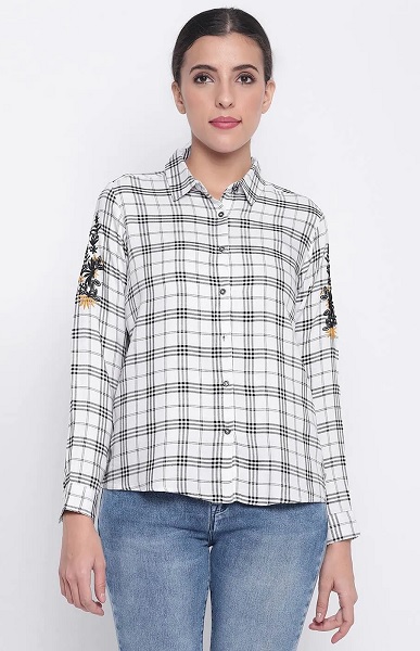 White Checks Shirt With Embroidered Detail