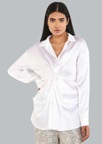 White Satin Knotted Shirt