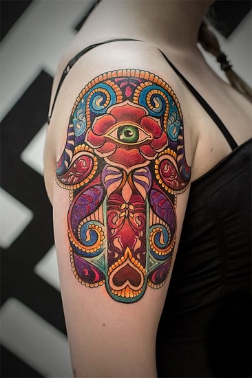 Colourful Hamsa Shoulder Tattoo