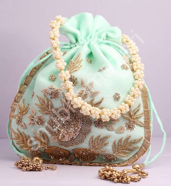 GOLD VELVET NEW BAAZ hawk embroider designer inspired handbag for woman |  zardosi sequin embroidery drawstring evening potli purse | black handbag  with pearl