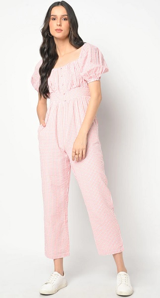Pink Checkered Cotton Jumpsuit