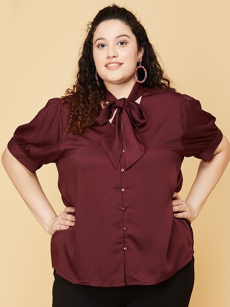 Plus Size Puff Sleeve Tie Front Top