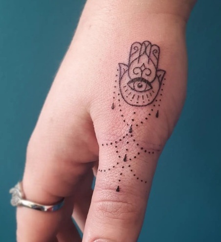 Small Hamsa Tattoo Near The Thumb
