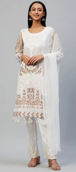 White Georgette Embroidered Salwar Kameez