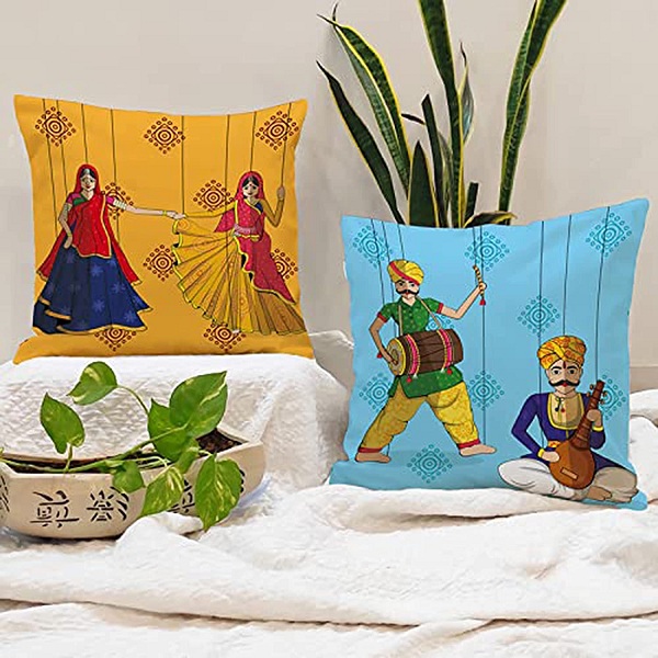 Amazon Brand - Umi. Kathputli Printed Cotton Canvas Cushion Covers