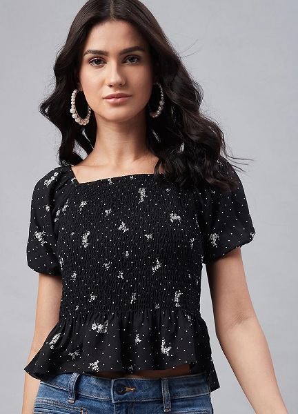 Printed Ruched Puff Sleeve Top