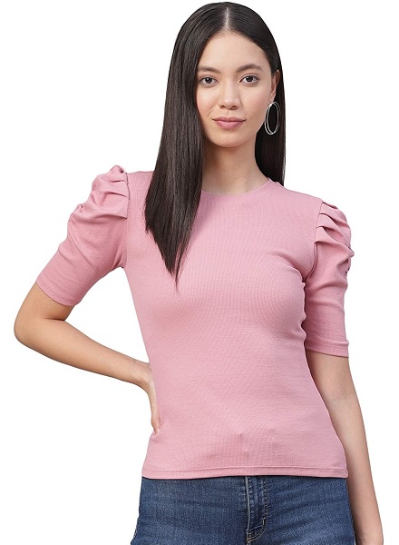 Ribbed Puff Sleeve Fitted Top