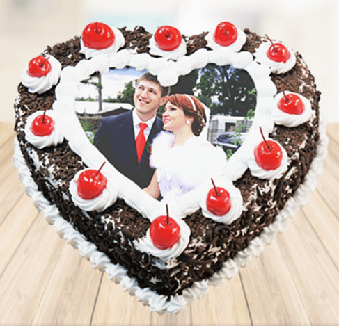 Heartshaped Black Forest Photo Cake Design For Anniversary