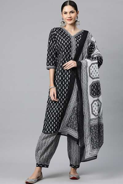 Black Cotton Printed Salwar Suit