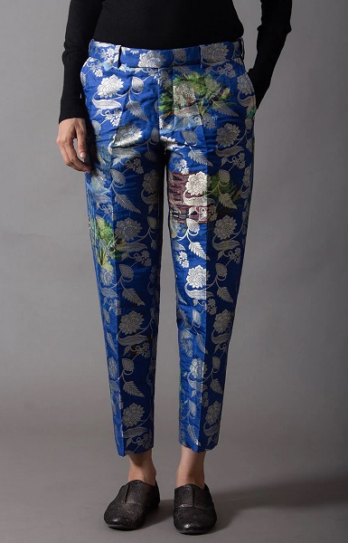 Blue Silk Floral Print Trouser