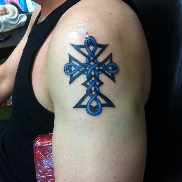 Celtic Inspired Tribal Cross Shoulder Tattoo