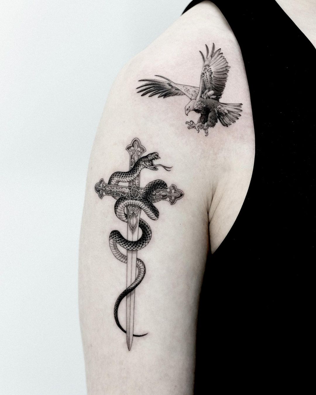 Cross With Snake Tattoo On Shoulder