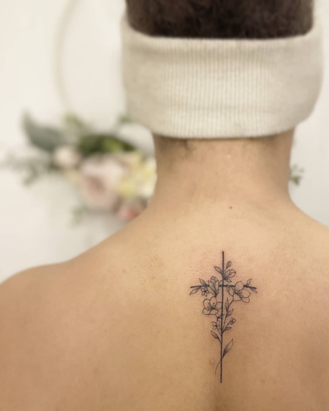 Elegant Floral Cross Neck Tattoo