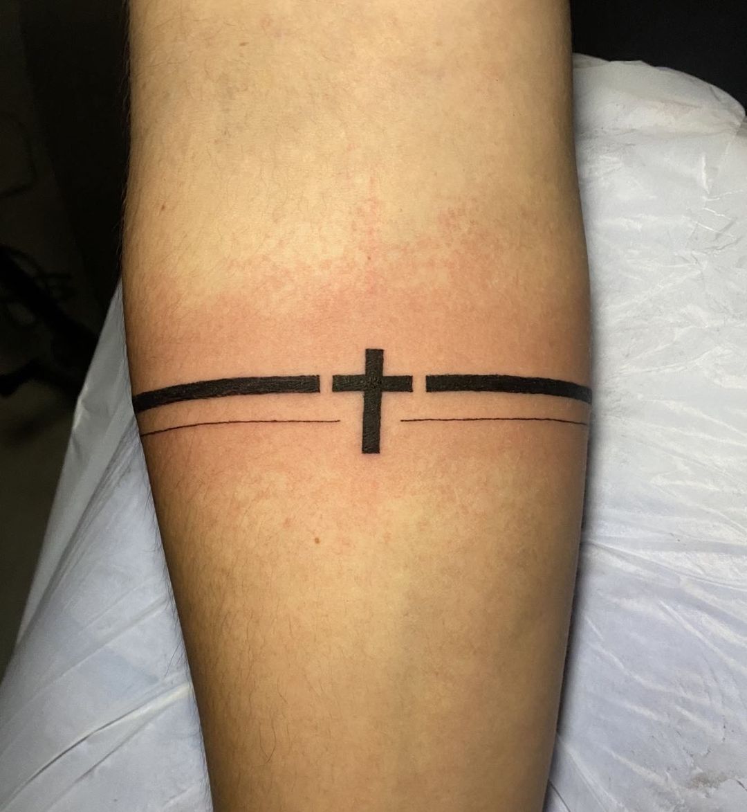 Minimalist Forearm Cross Band Tattoo