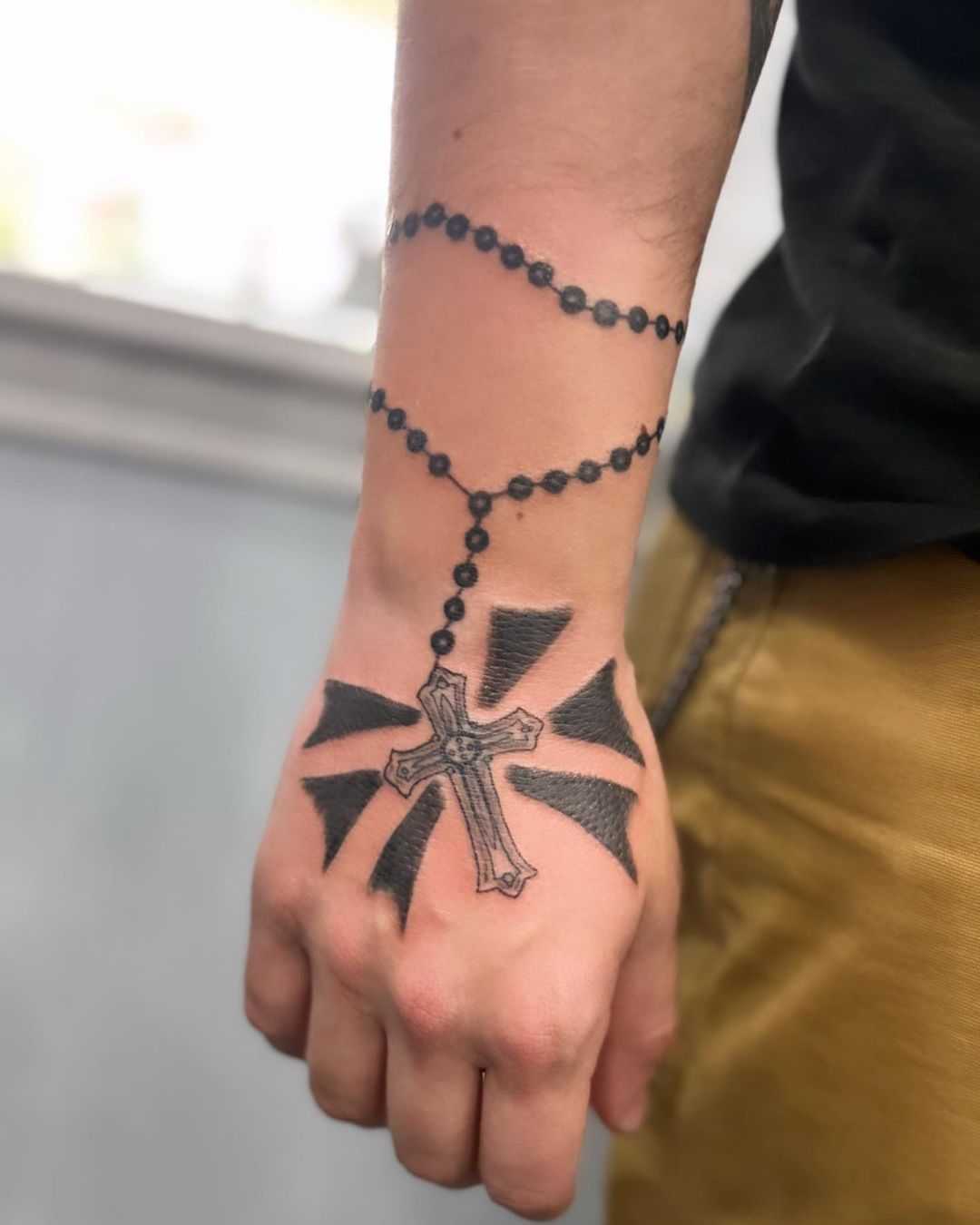 Rosary And Cross Wrist Tattoo,a Symbol Of Faith And Reflection