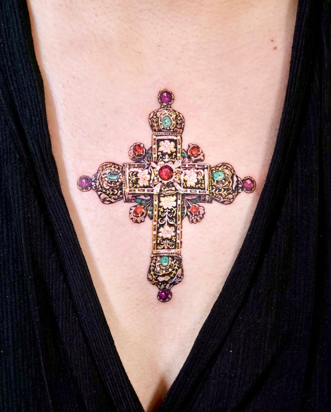 Unique Stone Embedded Sternum Cross Tattoo For Women