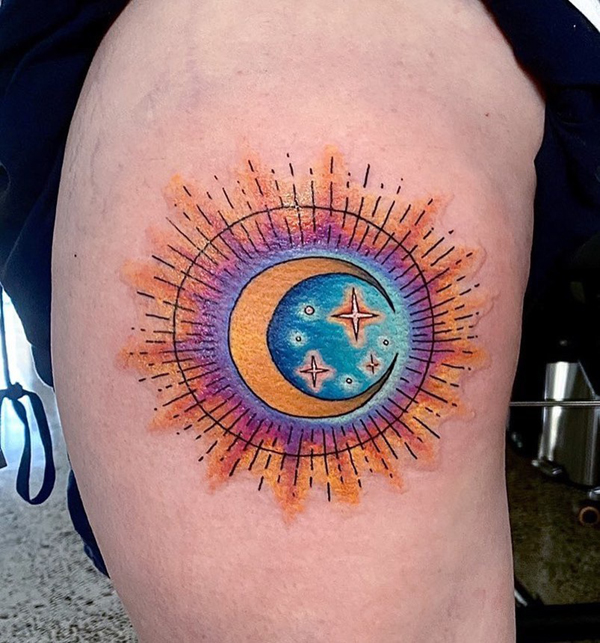 Colourful Sun And Moon Tattoo For Guys