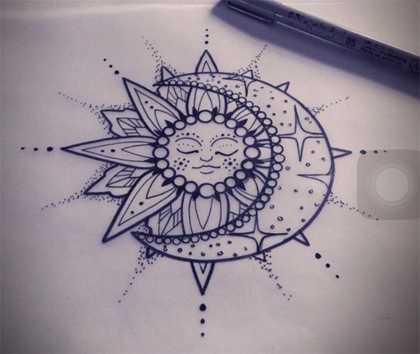 Detailed Sun And Moon Tattoo