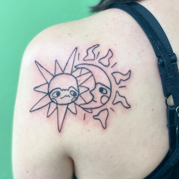 Funny Half Moon And Sun Tattoo On The Shoulder