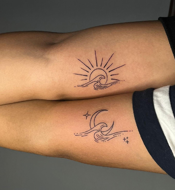 Small Sun And Moon Tattoo With Waves