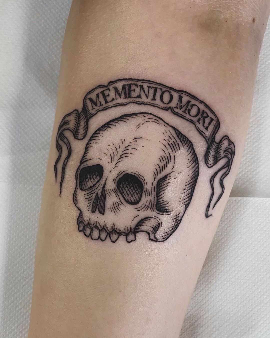 Traditional Memento Mori Skull Tattoo On Forearm