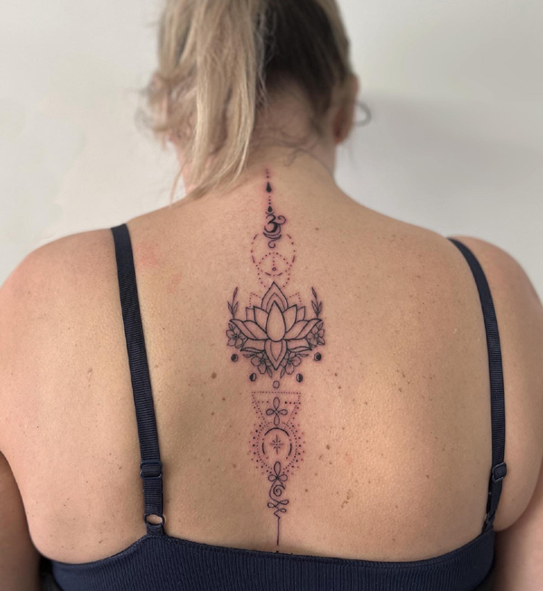 Unalome Lotus Flower Tattoo On The Back