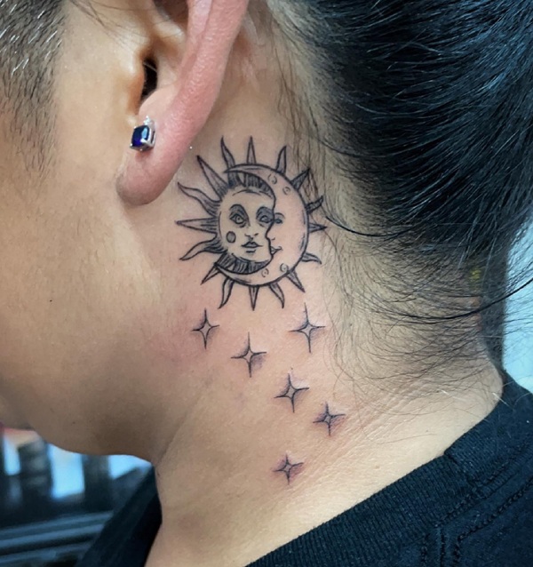 Unique Sun And Moon Tattoo On The Ne