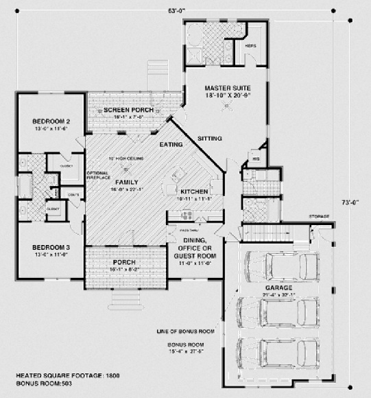 73' x 63' 1800 Sqft Three Bhk House Plan