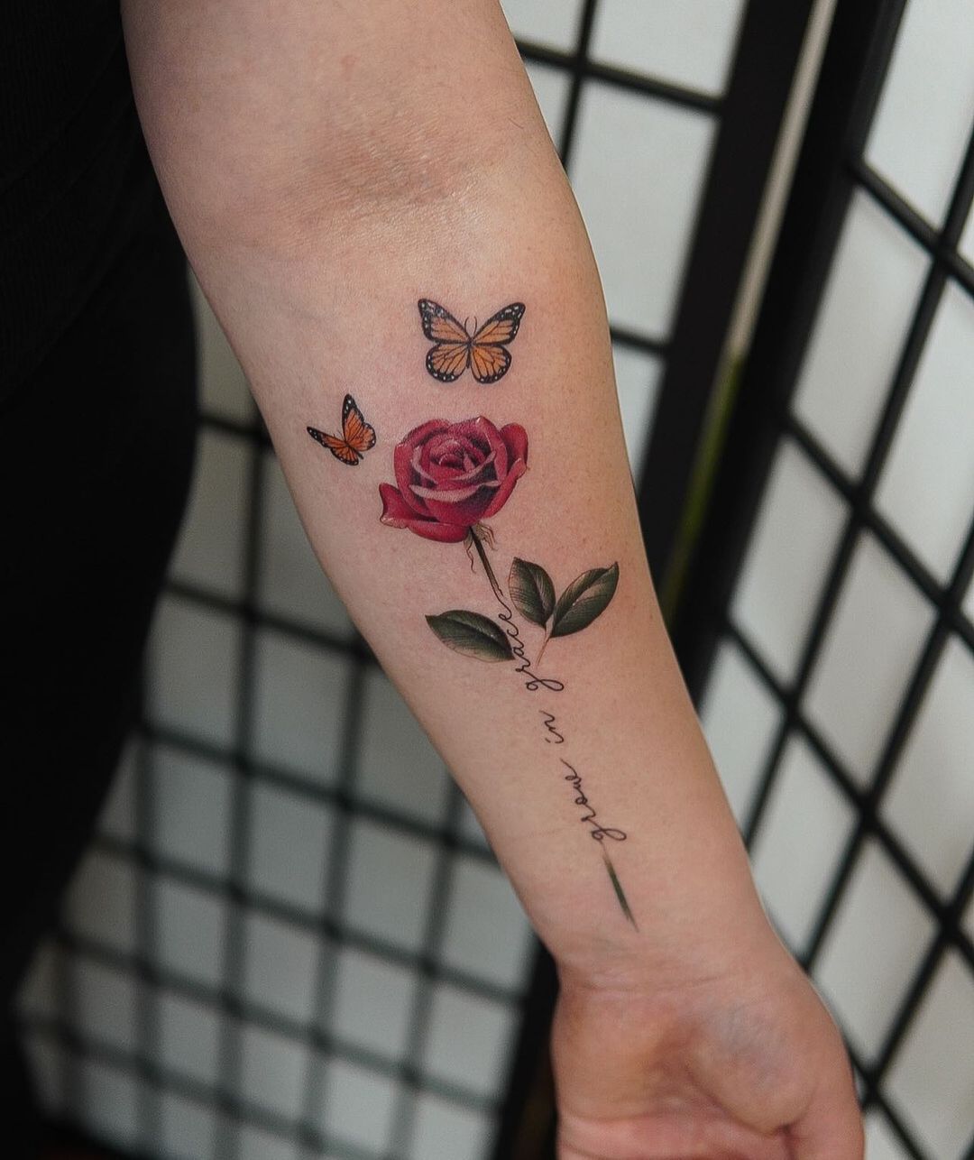 Forearm Tattoo Rose Butterfly