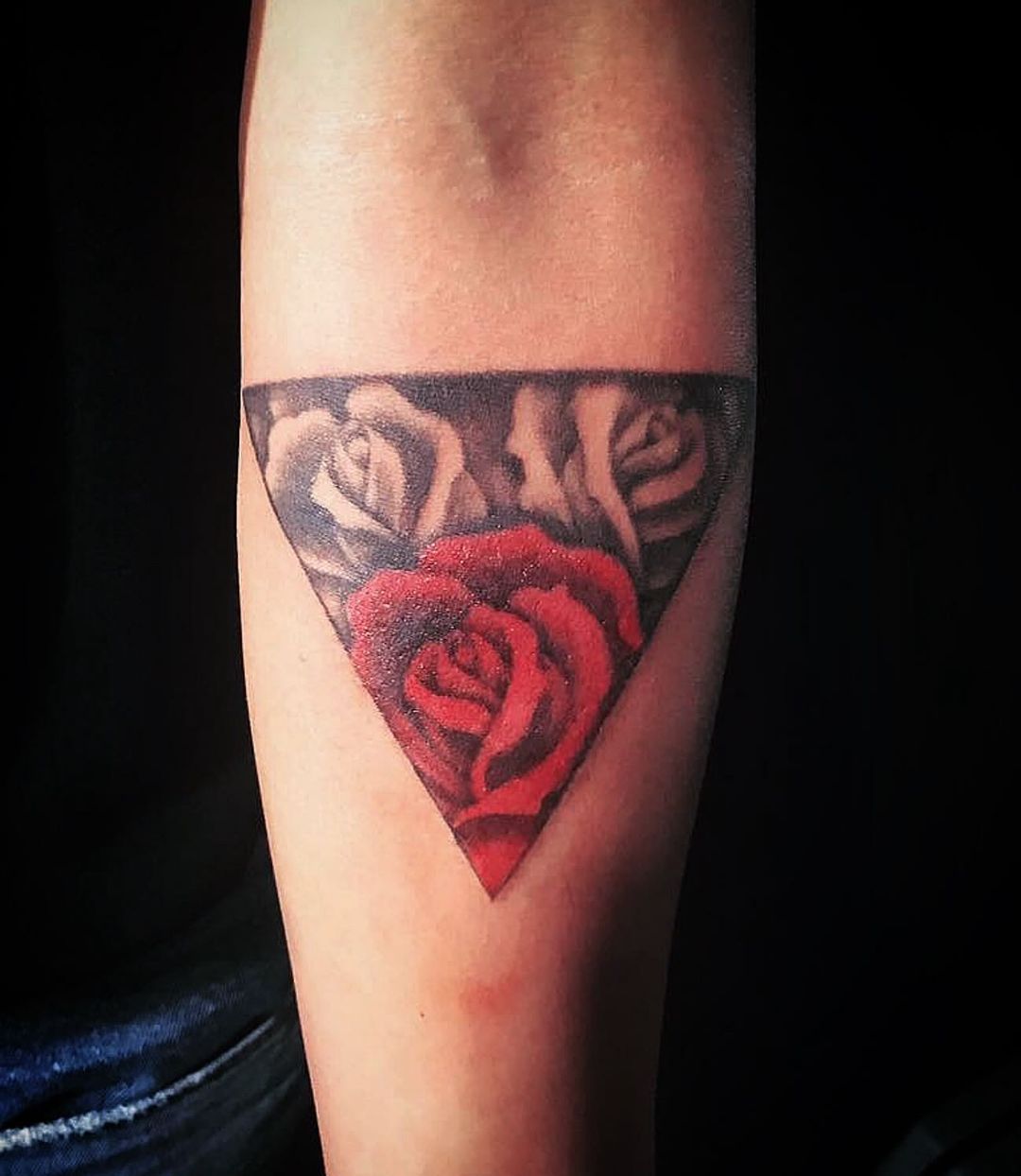 Geometric Red And Black Rose Forearm Tattoo