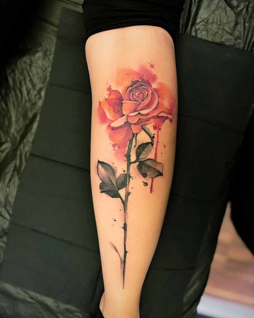 Watercolor Rose Thigh Tattoo