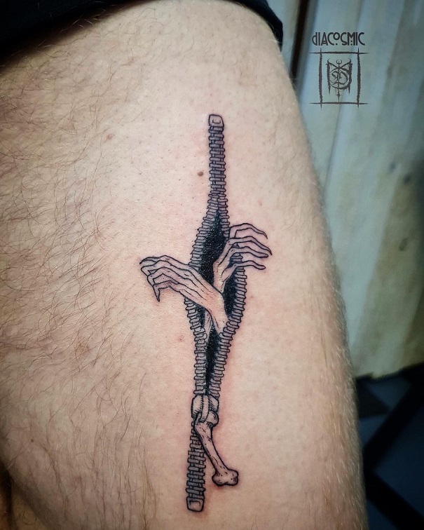 3d Zipper Tattoo With Skeletal Hands