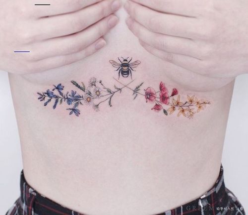 Botanical Sternum Tattoo With A Bee