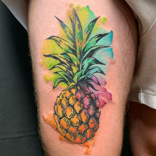 Colourful Traditional Pineapple Thigh Tattoo