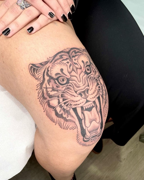 Ferocious Tiger Men Knee Tattoo