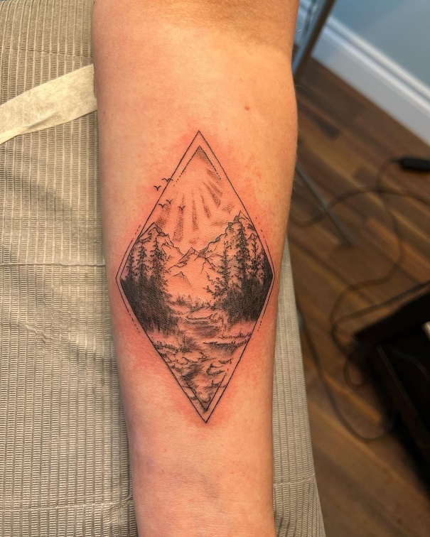 Geometric Mountain Tattoo With Trees