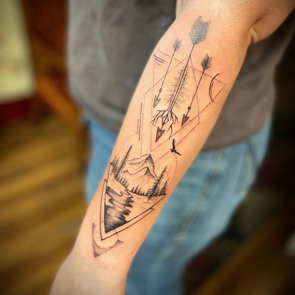 Mountain Lake Tattoo With Arrows