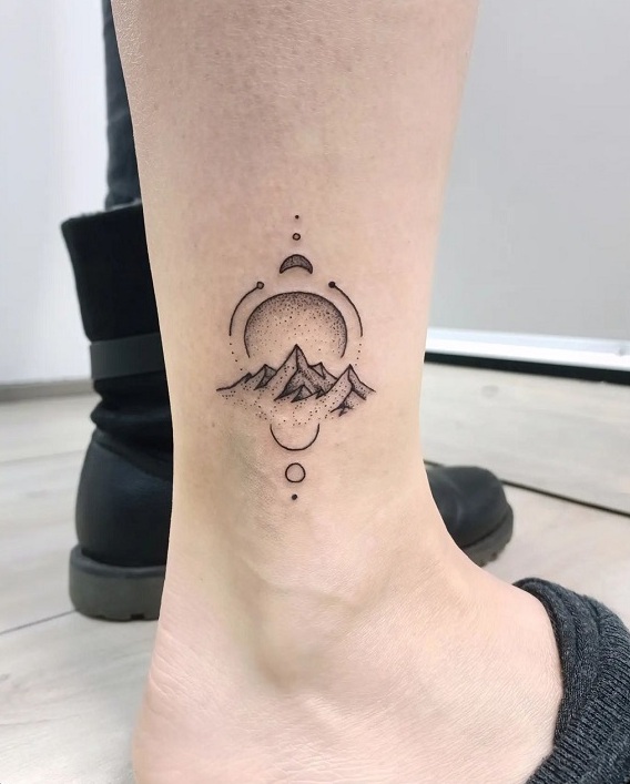 Mountain Tattoo Ankle With The Rising Sun