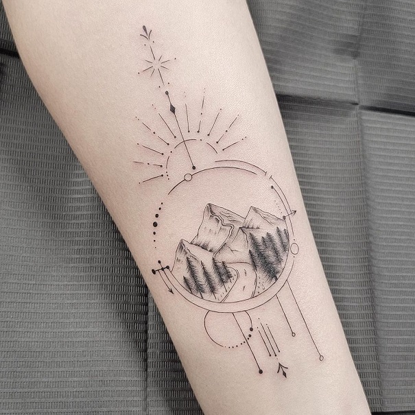 Realistic Mountain Tattoo On The Bicep