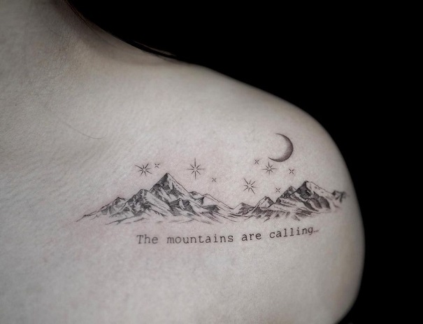 Simple Mountain Range Tattoo With Moon And Stars