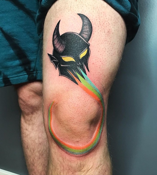 Skull Knee Tattoo With A Rainbow