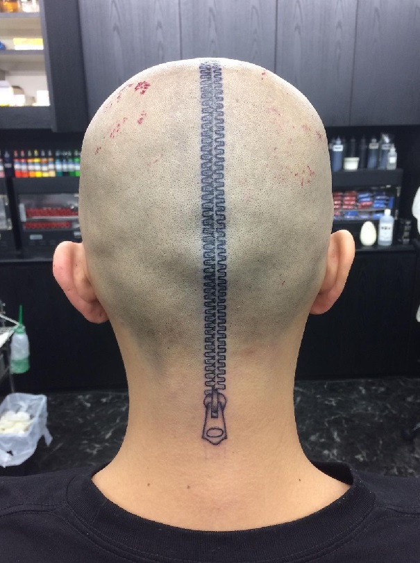 Striking Zipper Tattoo On The Head