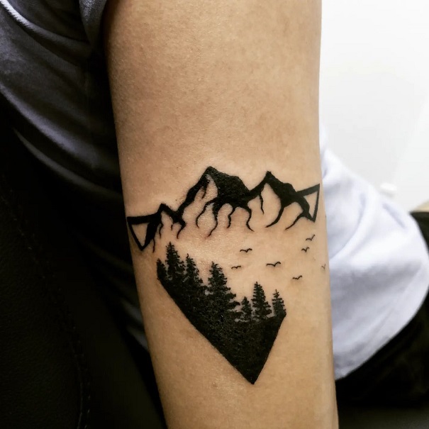 Tree Mountain And Birds Tattoo