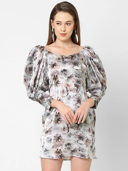 Satin Floral Dress With Puff Sleeves
