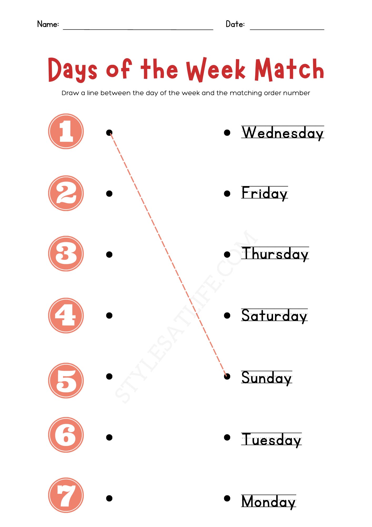 Matching Days of Week Game Worksheet