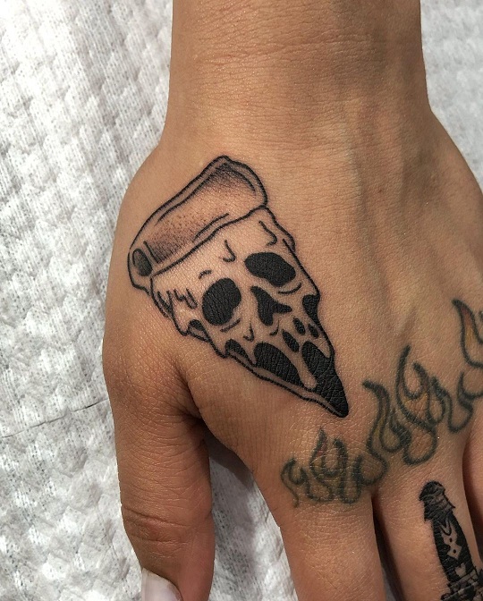 Pizza Skull Tattoo On The Hand