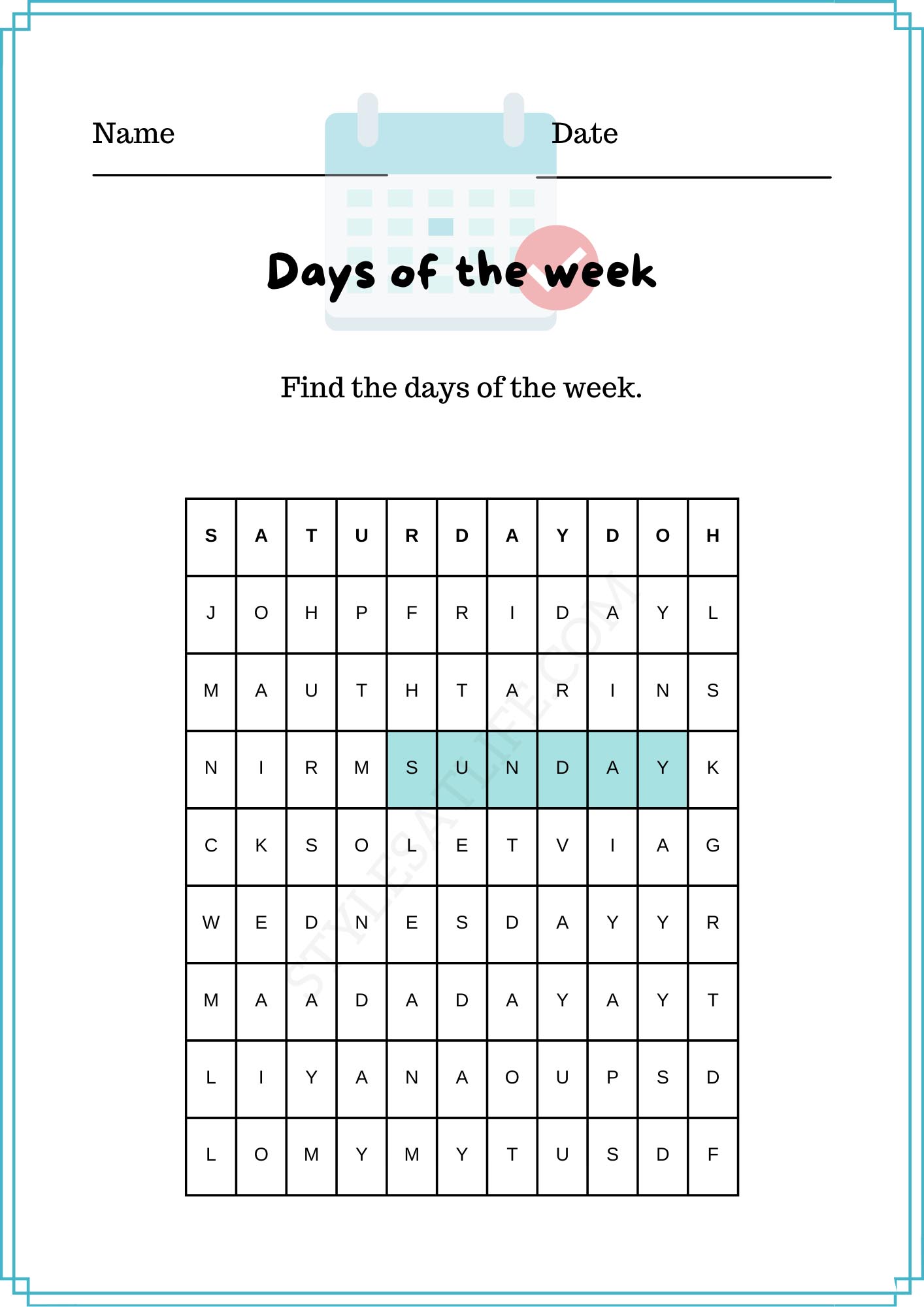 Days of the Week Word Search Puzzle