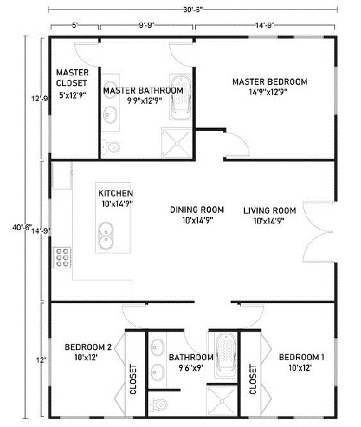 2 BHK Barndominium Floor Plan